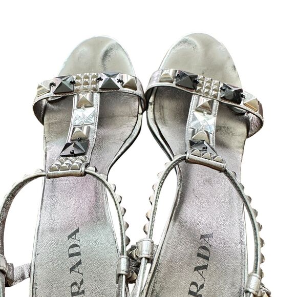 Prada 38 Patent Leather T-Strap Silver Studded crystals Accents Block Sandals - Picture 6 of 15